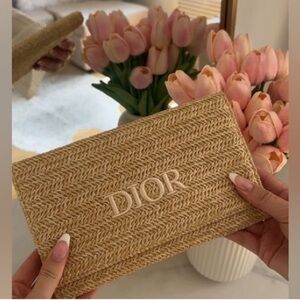 NEW Christian Dior Pouch Clutch Rattan Beige Tan Raffia